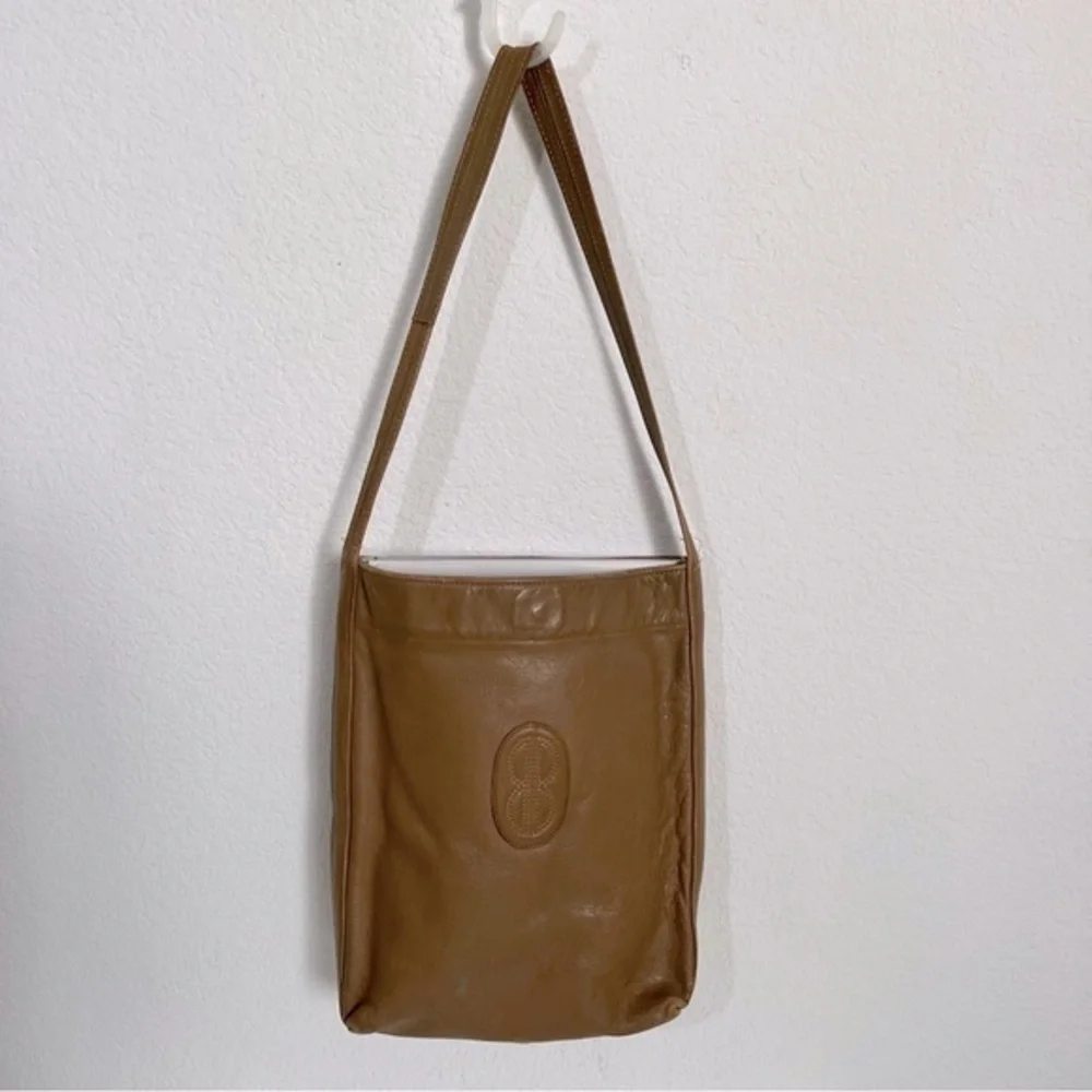 Vintage Bill Blass Nutmeg Tan Genuine Leather Messenger Laptop Bag Tote Murse